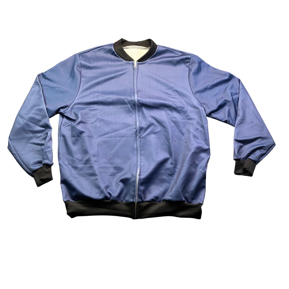 Mens Blue Full Zip Bomber Jacket Lightweight Track Style Retro Ribbed Trim 4XL
